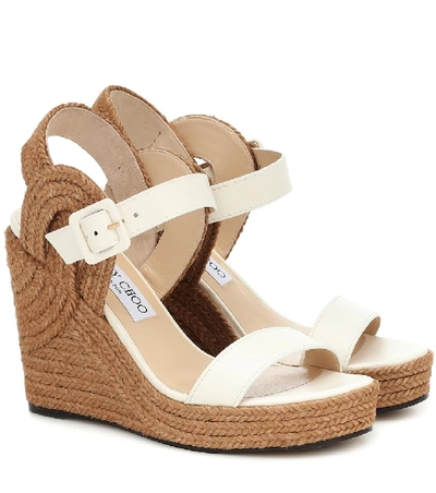 Jimmy Choo Delphi 100 Leather And Jute Wedge Sandals In White