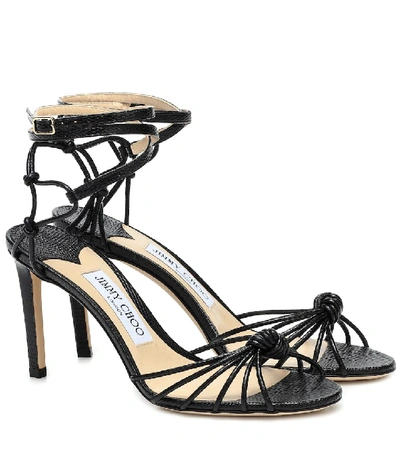 Jimmy Choo Lovella 85 Knotted Lizard-effect Leather Sandals In Black