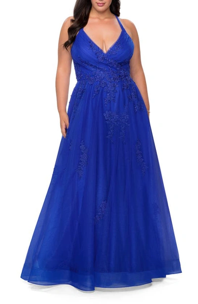 La Femme Embroidered & Beaded Tulle Ballgown In Royal Blue
