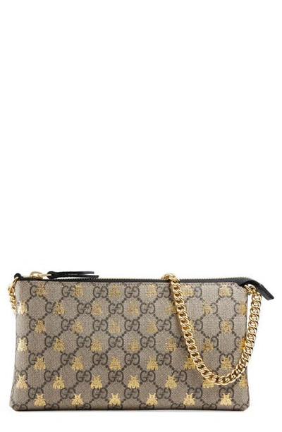 Gucci Linea Bee Gg Supreme Wrist Wallet In Beige Ebony Oro/ Nero