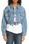 MOSCHINO FACE EMBROIDERED CROP DENIM JACKET,J051104211281