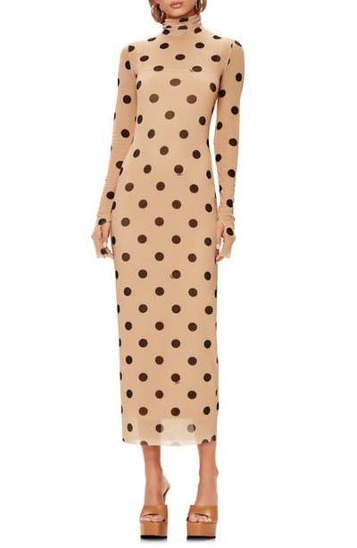 Afrm Shailene Long Sleeve Print Mesh Dress In Sand Polka Dot