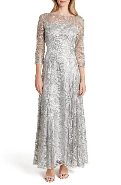 Tahari Embroidered Sequin A-line Gown In Dove Grey