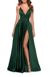 La Femme Long Satin Dress With Side Slit And V Shaped Back In Emerald