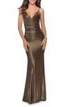 LA FEMME STRAPPY BACK RUCHED TRUMPET GOWN,28913