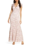 Eliza J Embroidered Lace Trumpet Gown In Blush