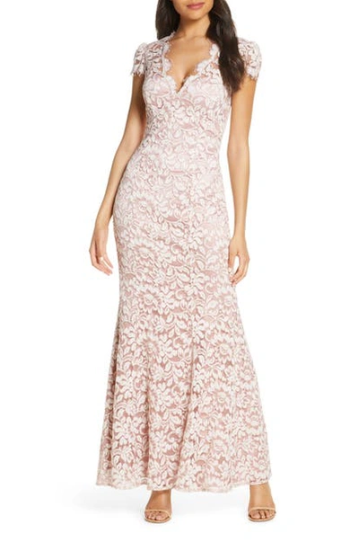 Eliza J Embroidered Lace Trumpet Gown In Blush