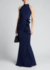 Chiara Boni La Petite Robe Side Ruched Halter Gown With Asymmetric Ruffle In Navy