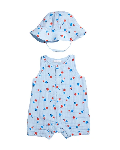 Angel Dear Kids' Boy's Astropops Sleeveless Muslin Shortall W/ Sun Hat In Blue