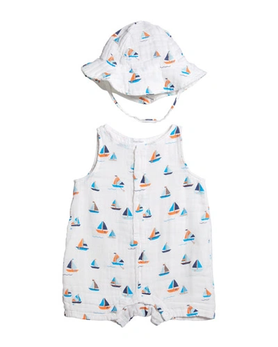 Angel Dear Kids' Boy's Simple Boats Muslin Sleeveless Shortall W/ Sun Hat In Blue