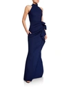 Chiara Boni La Petite Robe Side Ruched Halter Gown With Asymmetric Ruffle In Navy