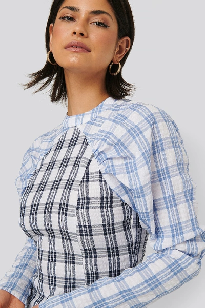 Na-kd High Neck Gathered Sleeve Dress - Blue In Checkered