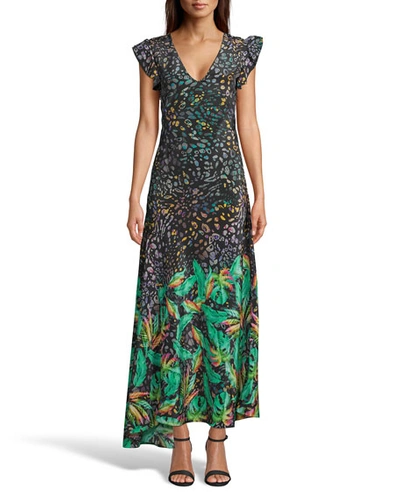 Robert Graham Leighton Tropical Leopard Print Ruffle-sleeve Long Dress In Multi