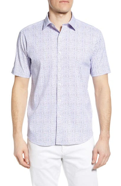 Bugatchi Shaped Fit Stripe Short Sleeve Button-up Shirt In Air Blue