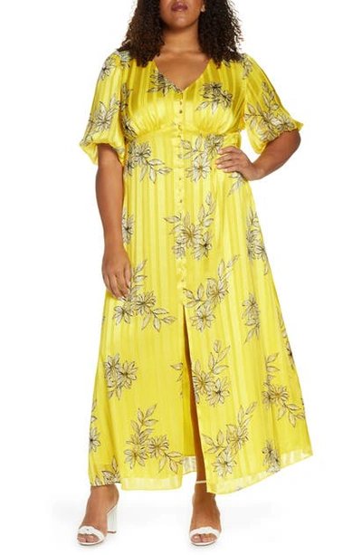 Maree Pour Toi Floral & Metallic Stripe Button Front Maxi Dress In Yellow