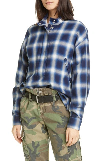 Rta Josie Half Zip Plaid Shirt In Blue Checks