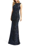 Mac Duggal Cowl Back Boat Neck Sequined Evening Gown In Midnight In Midnight