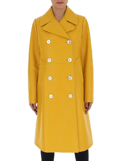 Prada Double-breasted Leather Coat In Yellow