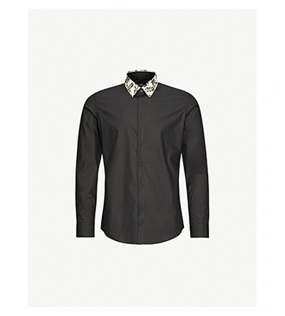 Fendi Branded-collar Slim-fit Cotton Shirt In Black