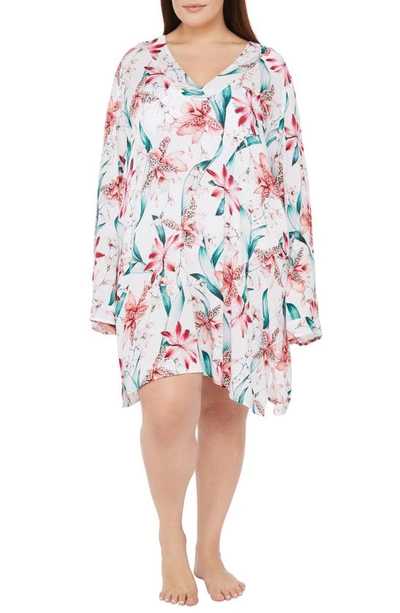 La Blanca Flyaway Orchid Printed V-neck Tunic Swim Cover-up Women's Swimsuit In White