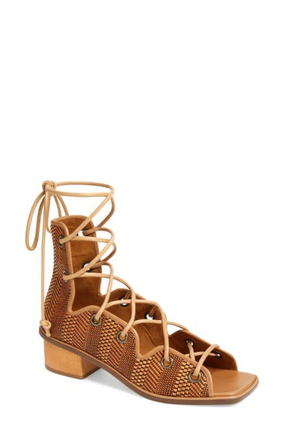 Stella Mccartney Maia 40 Brown Lace-up Raffia Sandals In K975 Tan Black