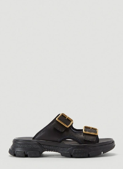 Gucci Ridgbuckled Leather Slides In Black