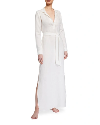 Pour Les Femmes Long Linen Lounge Shirt Dress In White
