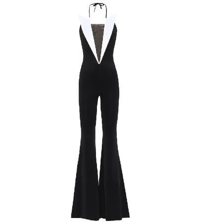 Balmain Two-tone Tulle-trimmed Ponte Halterneck Jumpsuit In Black