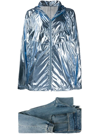 Juunj Metallic Lightweight Jacket And Tapered Jeans Set In Blue