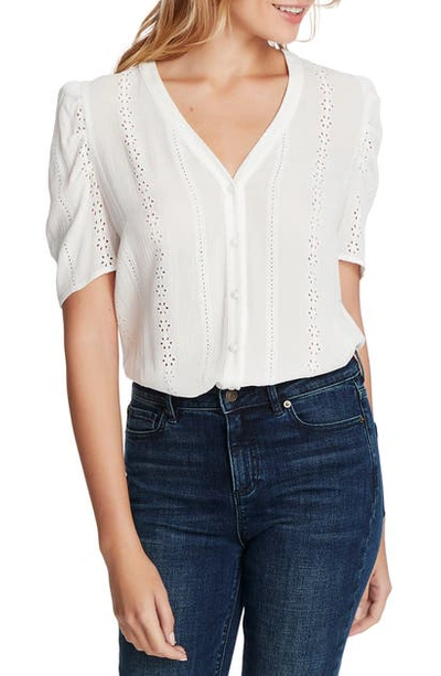 1.state Short-sleeve Embroidered Crinkle Blouse In Soft Ecru