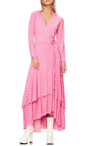 Afrm Elodie Ruffle Hem Long Sleeve Wrap Dress In Pink Polka Dot