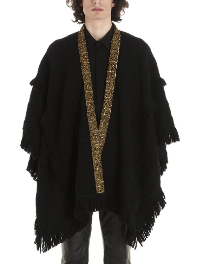 Saint Laurent Embellished Fringed Virgin Wool Poncho In Black
