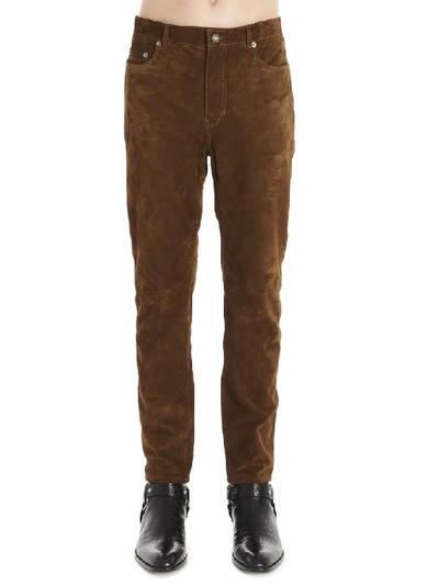 Saint Laurent Slim-fit Suede Trousers In Brown