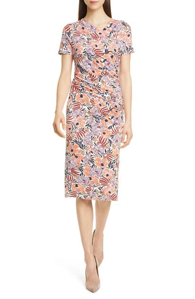 Hugo Boss Floral-print Jersey Dress With Asymmetric Ruching In Multi