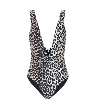 Ganni Embellished Ruched Leopard-print Swimsuit In Animal Print