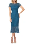 Kay Unger Fishnet Lace Sheath Dress In Teal