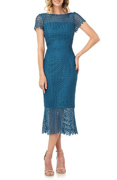 Kay Unger Fishnet Lace Sheath Dress In Teal