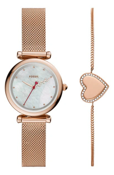 Fossil Carlie Mini Love Mesh Strap Watch & Heart Bracelet Set In Rose Gold/ White/ Rose Gold