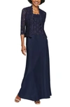 Alex Evenings Sequin Lace & Satin Gown With Jacket In Midnight