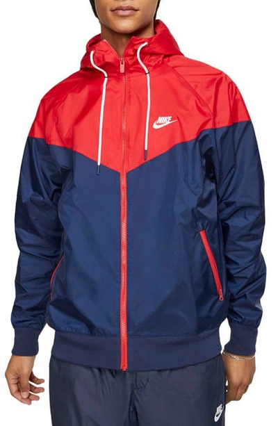 Nike Tall Hooded Windbreaker Jacket In Red And Blue In Midnight Navy/ Red