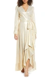 Wayf Meryl Long Sleeve Wrap High/low Gown In Champagne