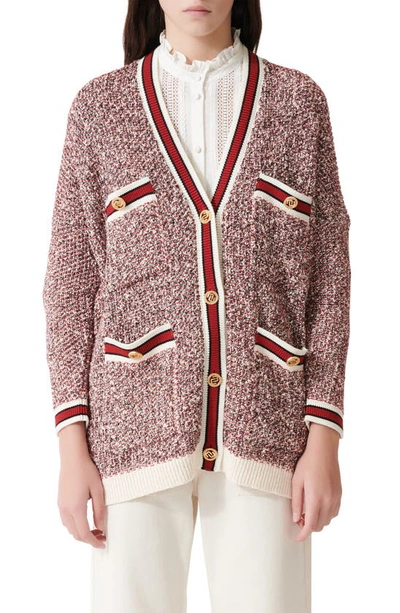 Maje Metallic Knit Relaxed-fit Cardigan In Red+white