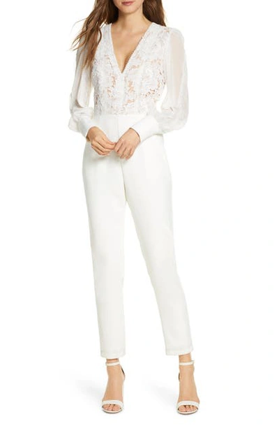 Adelyn Rae Farrah Lace Bodice Long Sleeve Crepe Jumpsuit In White-nude