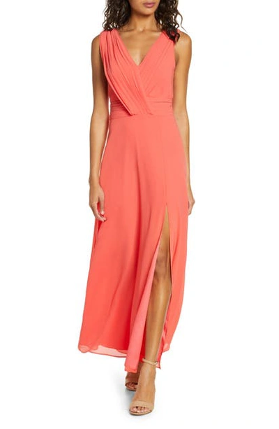 Adelyn Rae Sylvia V-neck Chiffon Maxi Dress In Hot Coral