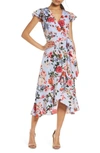 VINCE CAMUTO FLORAL WRAP FRONT A-LINE CREPE DE CHINE DRESS,VC0M0720