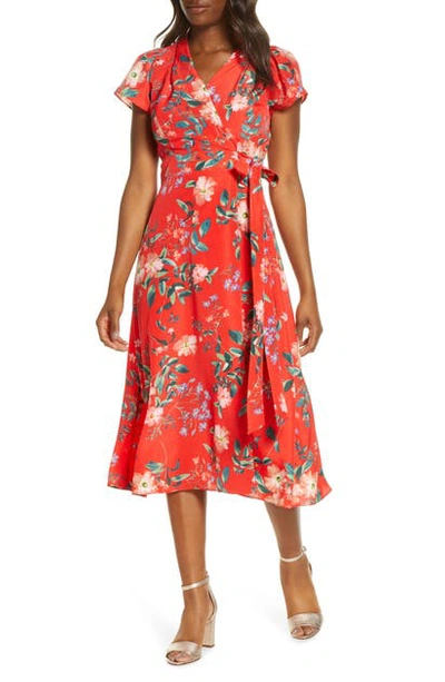 Vince Camuto Print Crepe De Chine Faux Wrap Dress In Red Multi