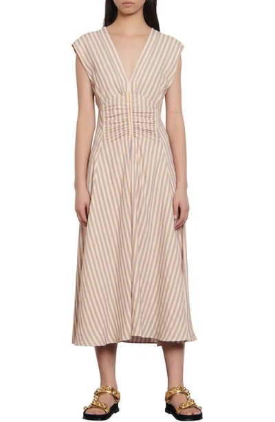 Sandro Anym Ruched Embroidered Striped Twill Midi Dress In Pink / Yellow