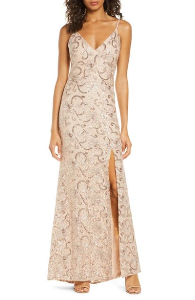 Vince Camuto Sequin Floral A-line Gown In Blush