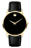 Movado Men's 40mm Ultra Slim Pvd Watch With Black Leather Strap Museum Dial In Black/ Gold
