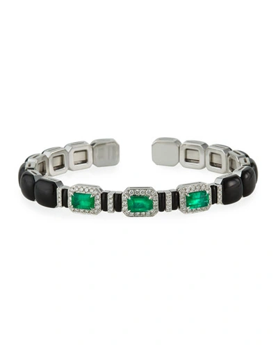 Nikos Koulis Oui 3-emerald & Diamond Cuff In 18k White Gold/enamel